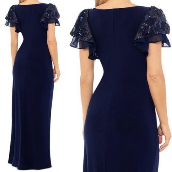 Betsy & Adam Navy Blue Sequin V-Neck Flutter Sleeve Gown - Picture 2 of 2